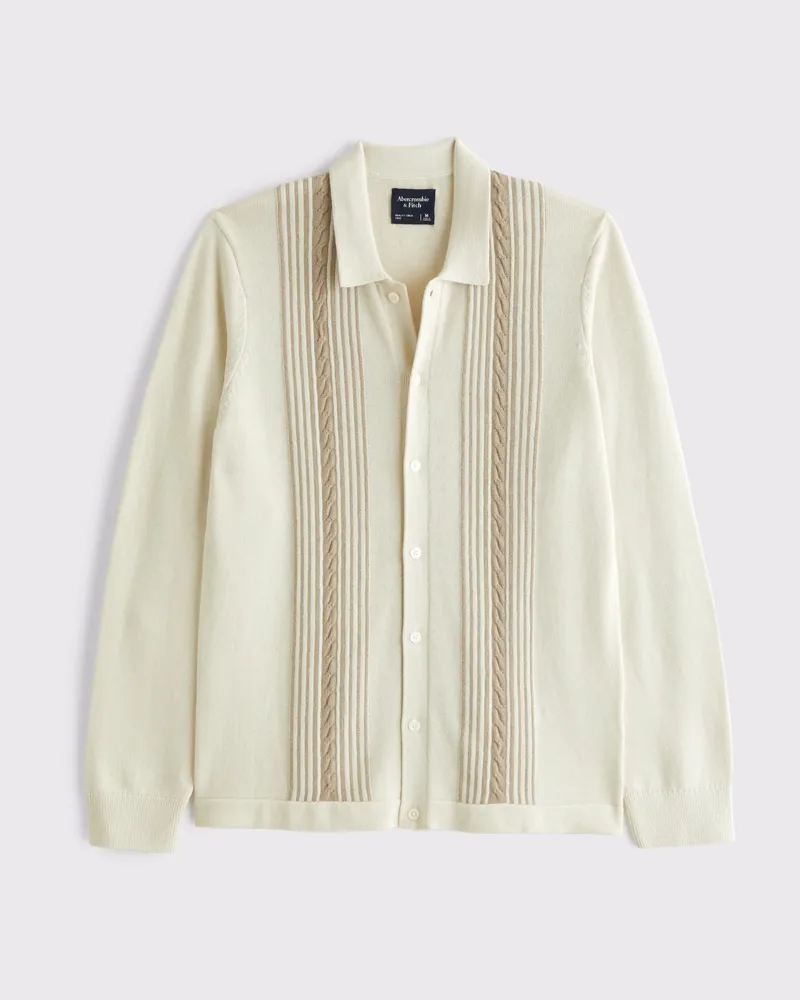 Long-Sleeve Striped Button-Through Sweater Polo