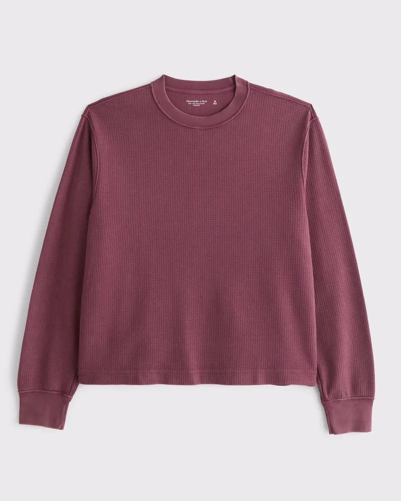 Long-Sleeve Grid Waffle Cropped Tee