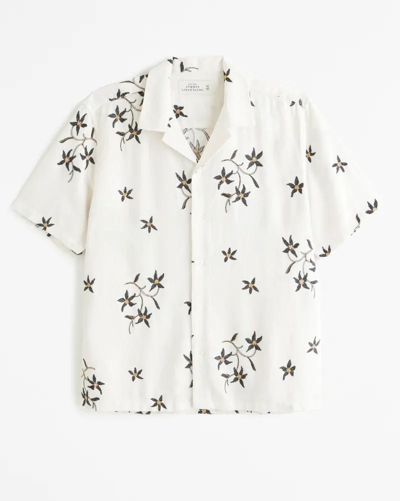 Camp Collar Summer Linen-Blend Embroidered Shirt