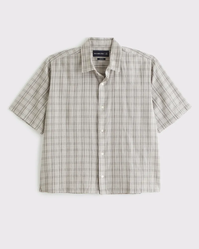 Short-Sleeve Cropped Textural Plaid Button-Up Shirt