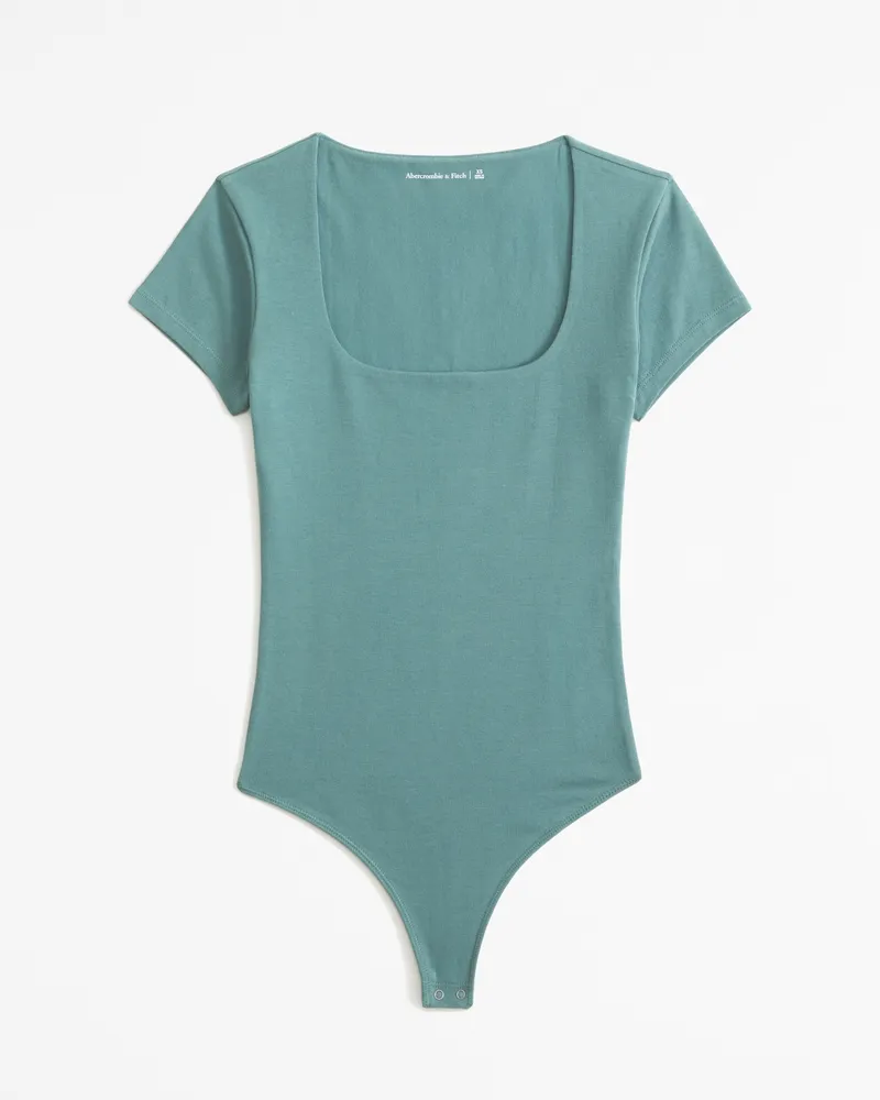 Short-Sleeve Cotton-Blend Seamless Fabric Squareneck Bodysuit