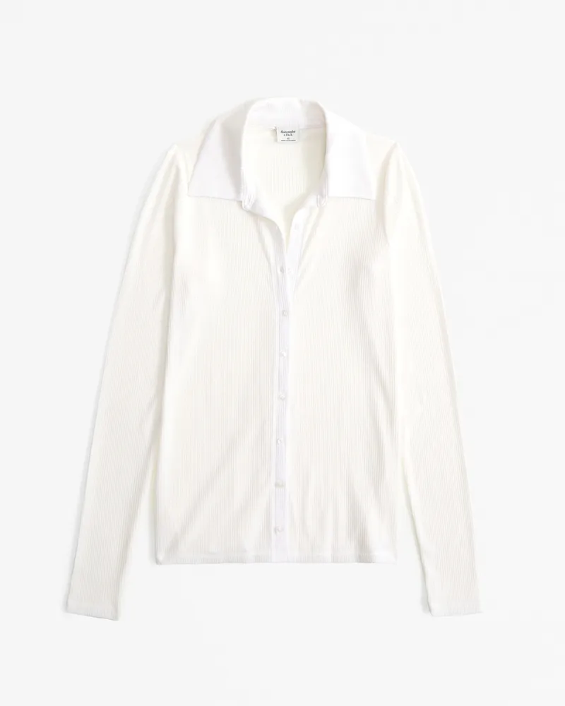 Long-Sleeve Slim Sheer Polo Button-Through Top