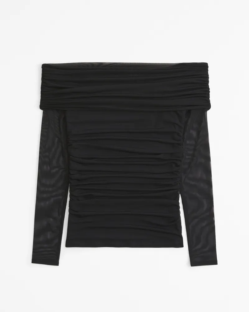 Long-Sleeve Off-The-Shoulder Mesh Top