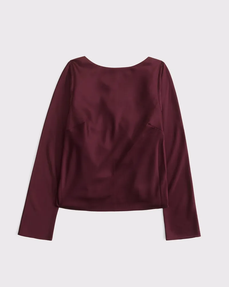 Long-Sleeve Satin Cowl-Back Top