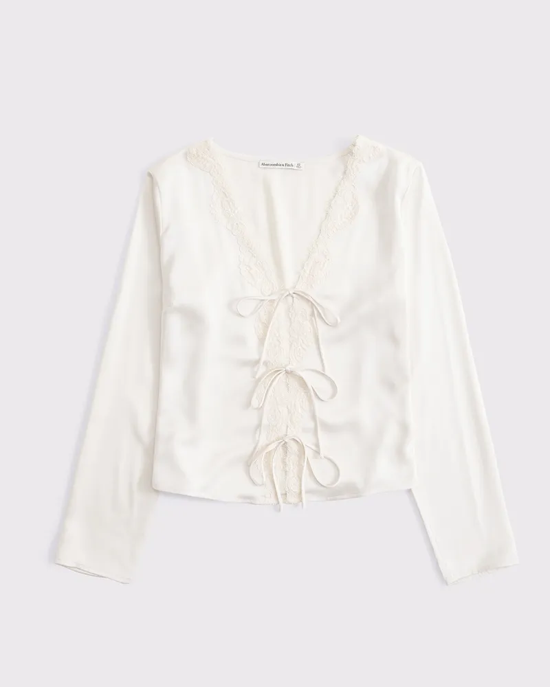 Long-Sleeve Lace-Trim Tie-Front Top