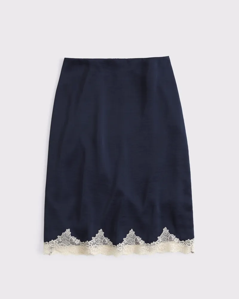 High Rise Satin Lace-Hem Midi Skirt