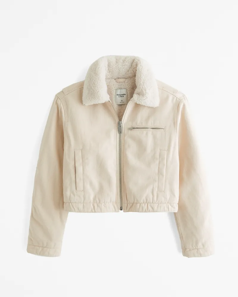 Sherpa-Lined Cropped Twill Workwear Jacket