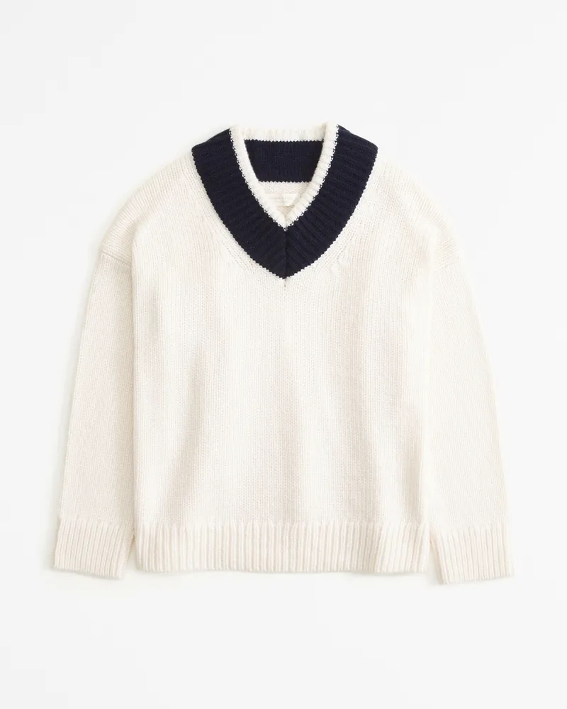 Merino Wool-Blend Contrast V-Neck Sweater