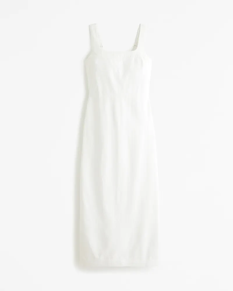 Linen-Blend Squareneck Column Midi Dress