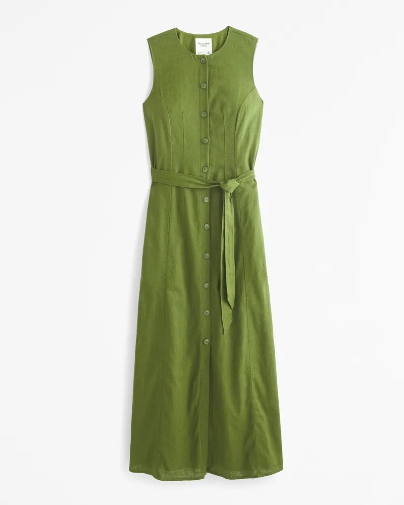 Linen-Blend Belted Midi Dress