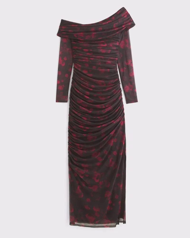 Long-Sleeve Mesh Asymmetrical Draped Maxi Dress