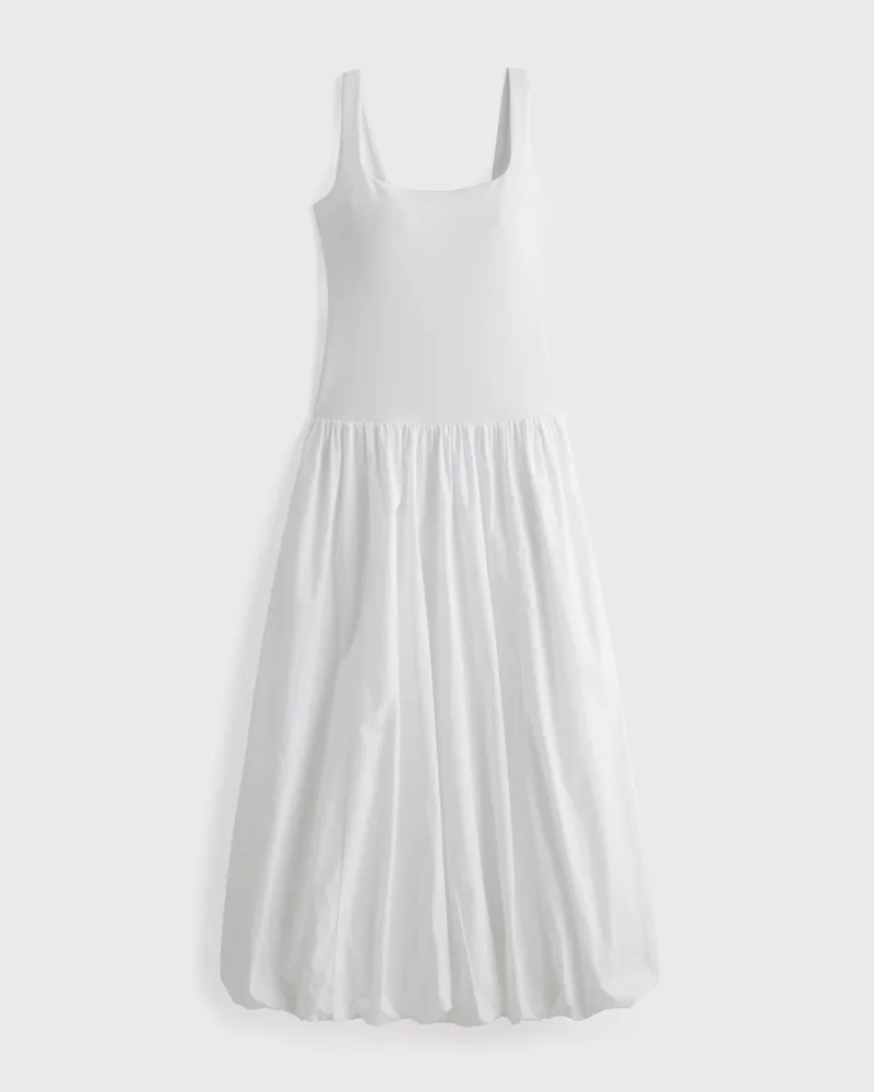 Mixed Fabric Bubble Hem Midi Dress