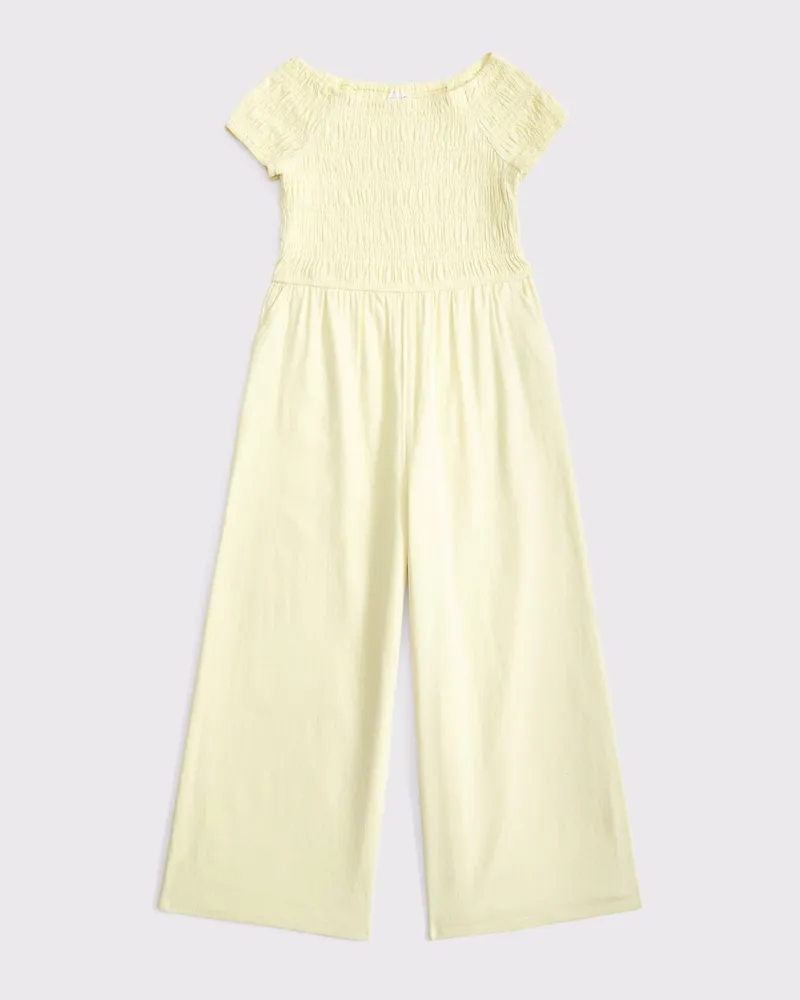 off-the-shoulder smocked jumpsuit